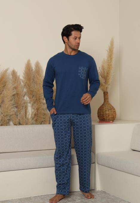 Pijama Barbati ,Maneca si Pantaloni Lungi, Culoare Albastru cu Alb,Engros